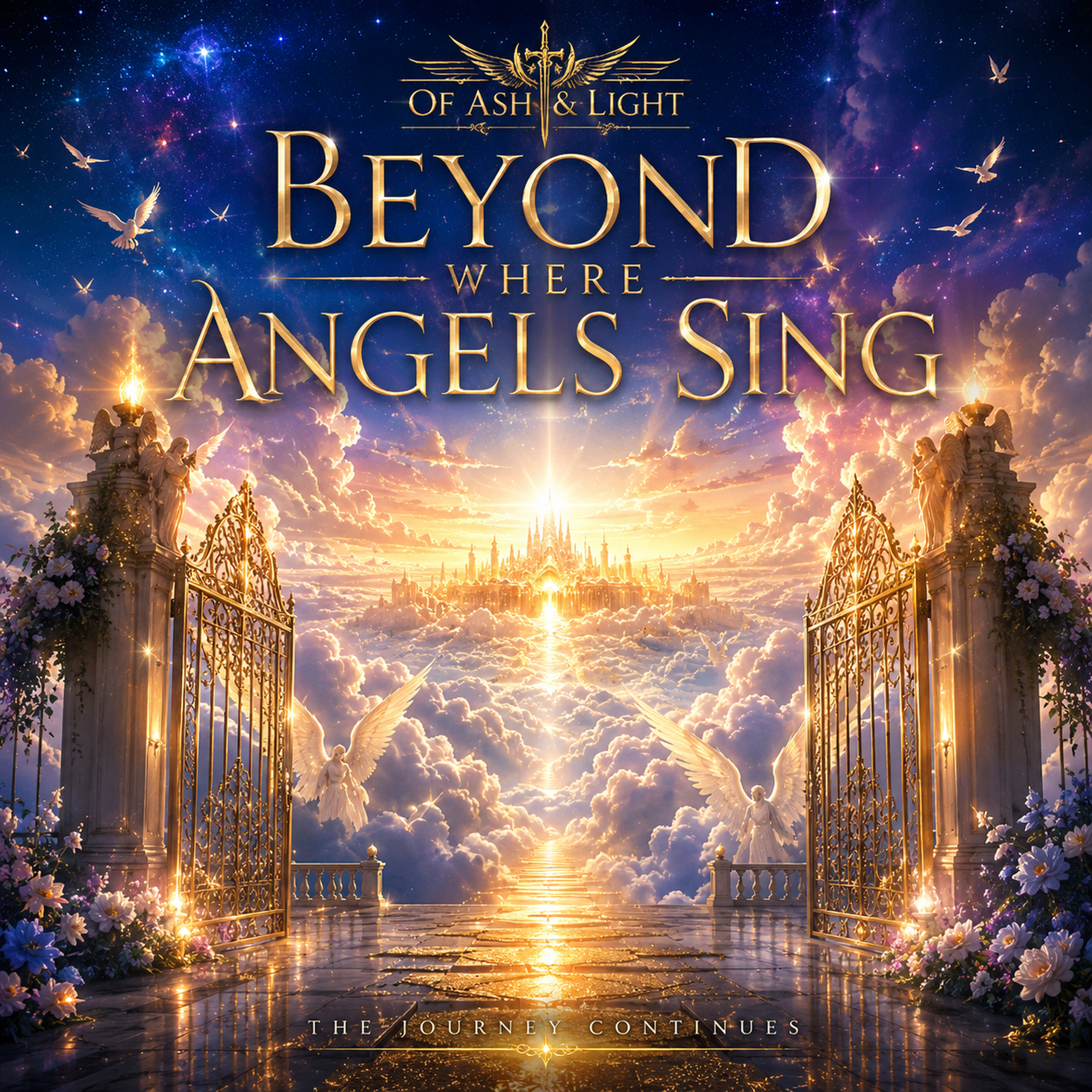 Beyond Where Angels Sing album cover: open golden gates above clouds, angels, and a radiant city beneath a star-filled sky