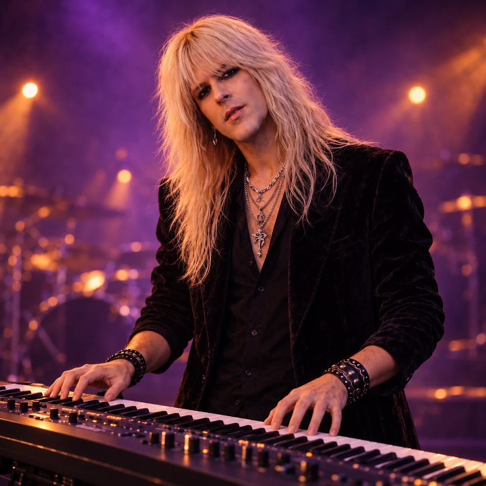 Blaze Cross in a black velvet jacket playing keyboards under purple and amber stage lights