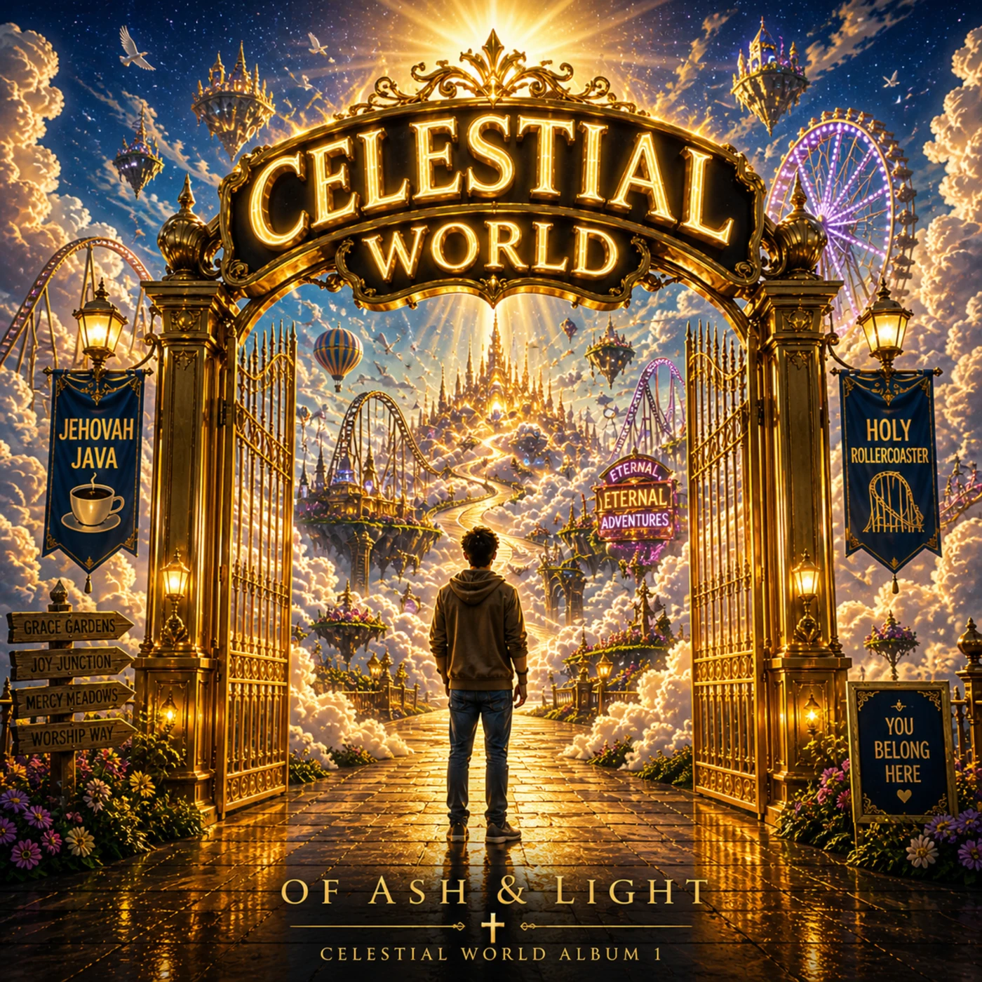 Celestial World Part 1 album cover: golden gates opening onto a fantastical adventure park among sunlit clouds