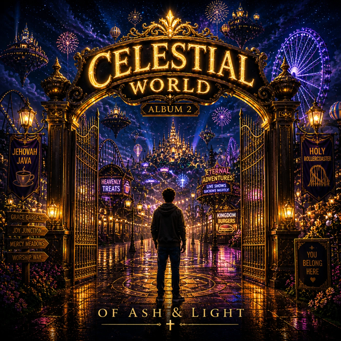 Celestial World Part 2 album cover: golden gates opening onto a fantastical adventure park under a star-filled night sky