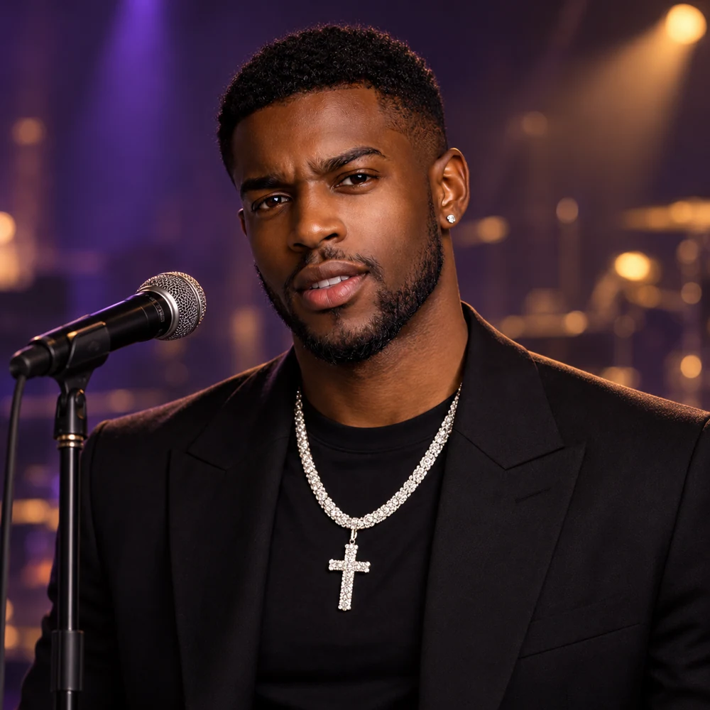 Cypher Vox in a tailored black jacket and shirt with a silver cross necklace, beside a microphone on a purple-and-amber stage