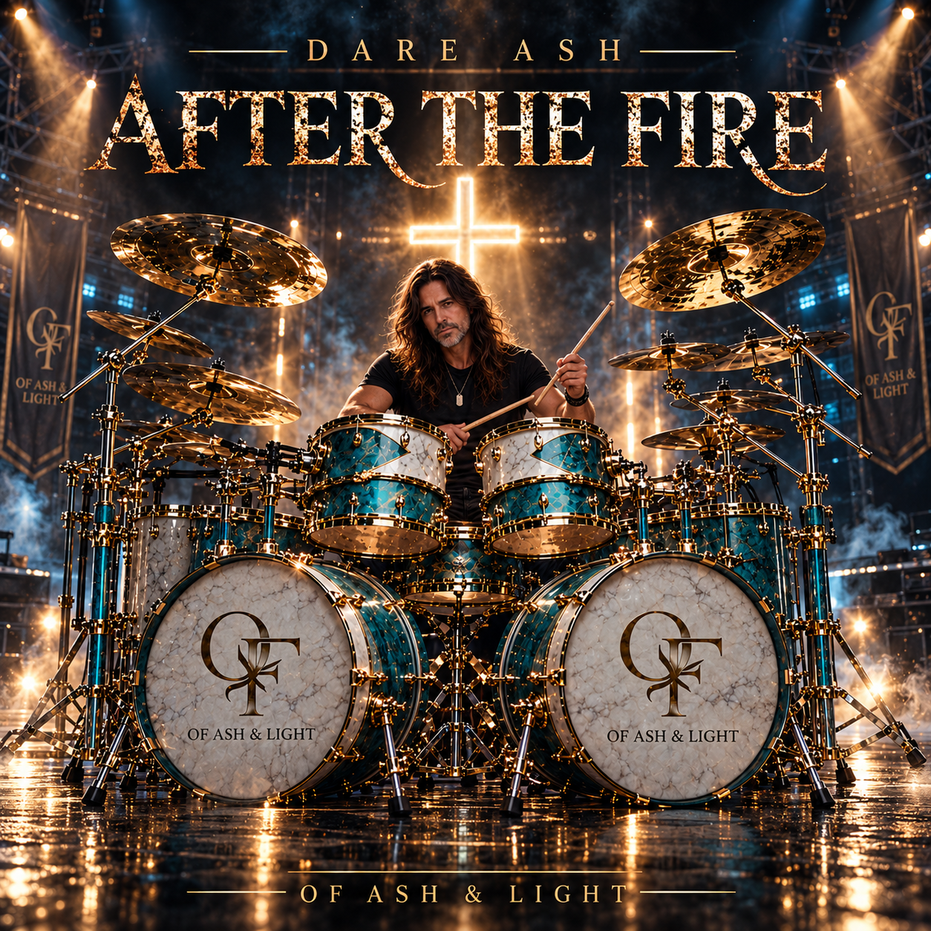 Dare Ash — After the Fire album cover, featuring the drummer behind his turquoise, white, and gold kit beneath a glowing cross