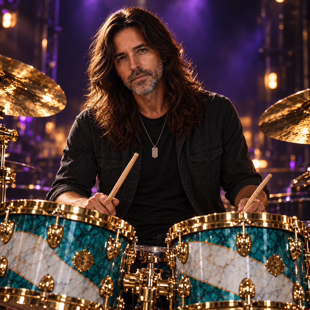 Dare Ash holding drumsticks behind turquoise-and-white marble drums with gold hardware, under purple and amber stage lights