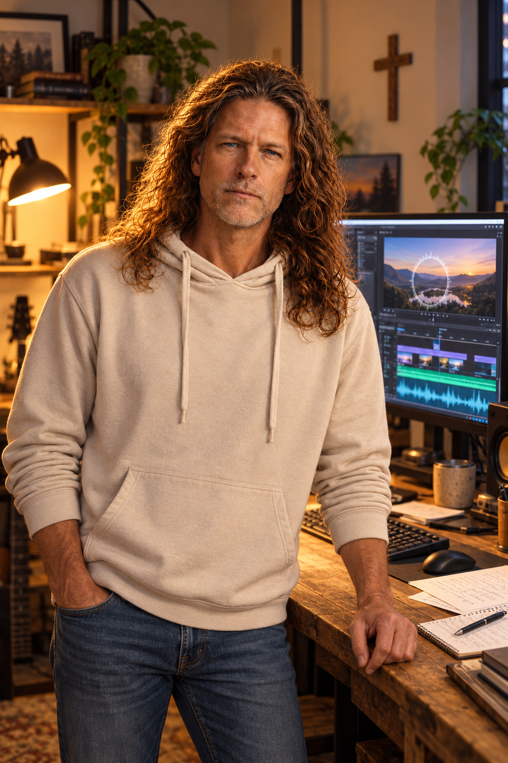 Darrin Hayward standing beside a desk in a warm creative studio, with lyric pages, a video-editing timeline on the monitor, and a wooden cross on the wall