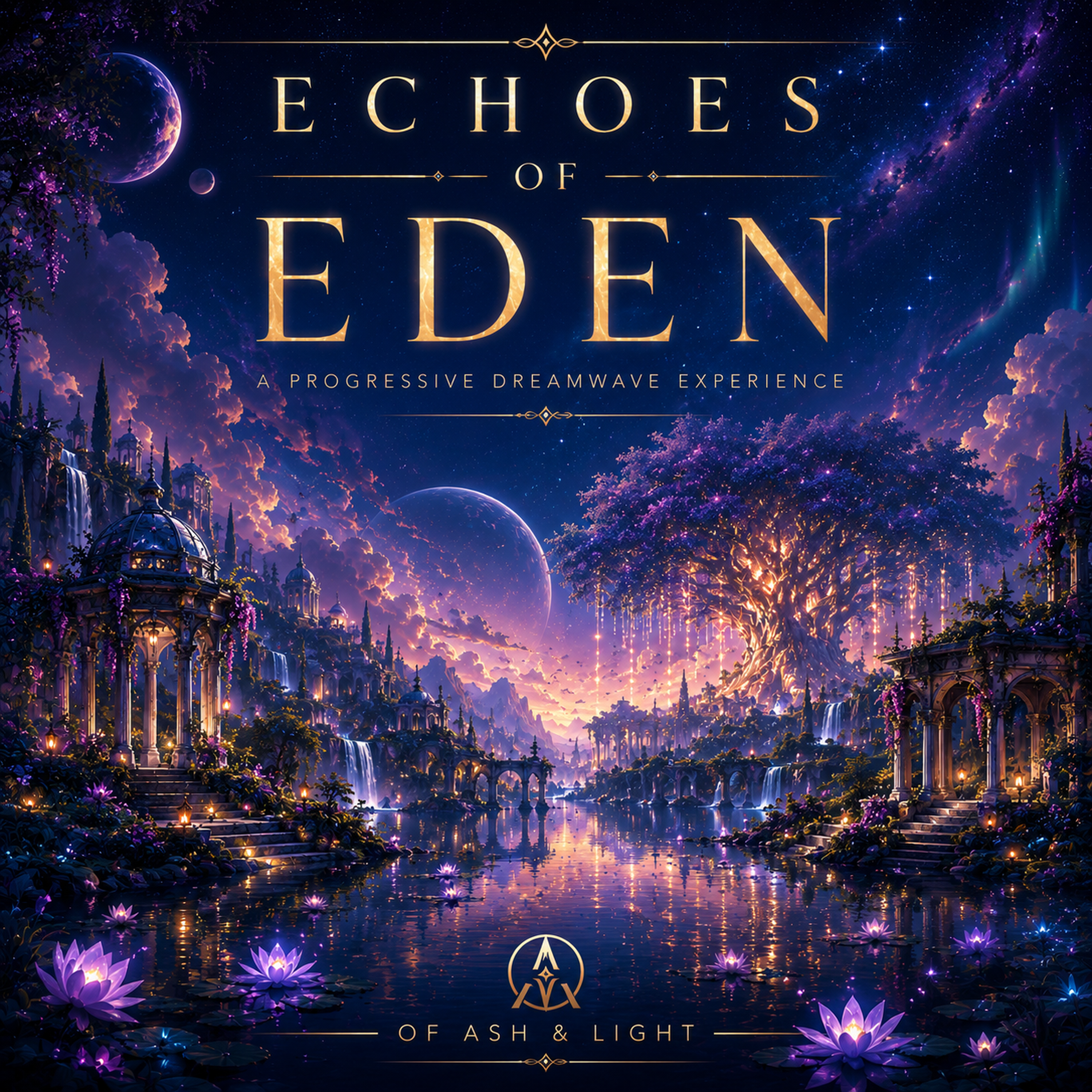 Echoes of Eden album cover: a luminous garden, waterfalls and golden tree beneath a violet star-filled sky