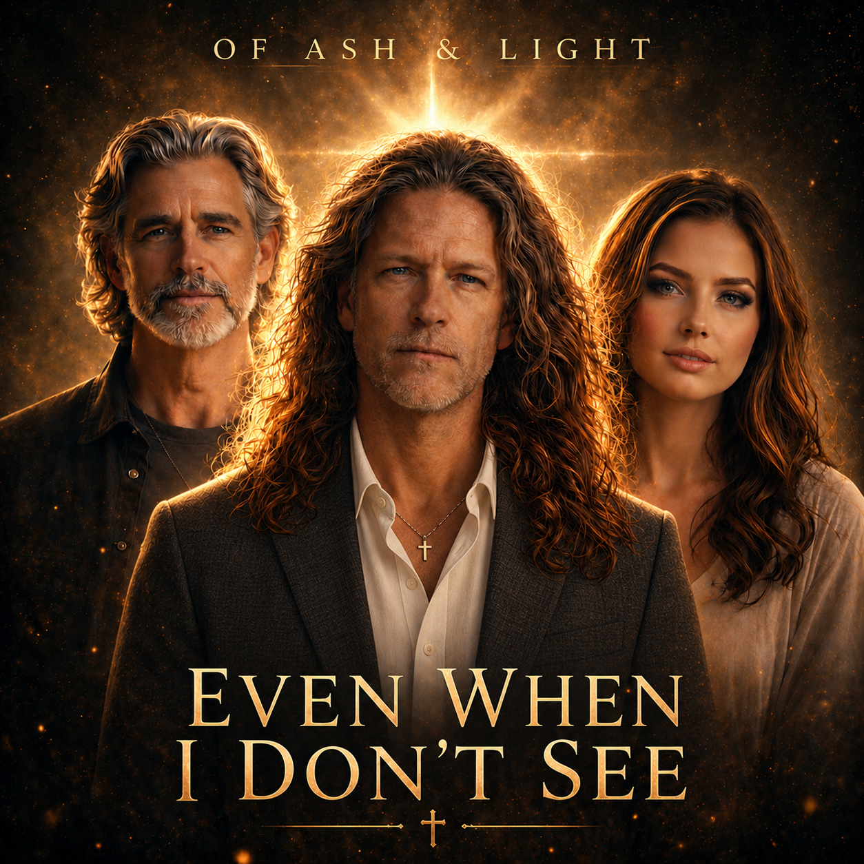 Even When I Don’t See final album cover featuring Darrin in a charcoal jacket beside David and Isabella in golden light