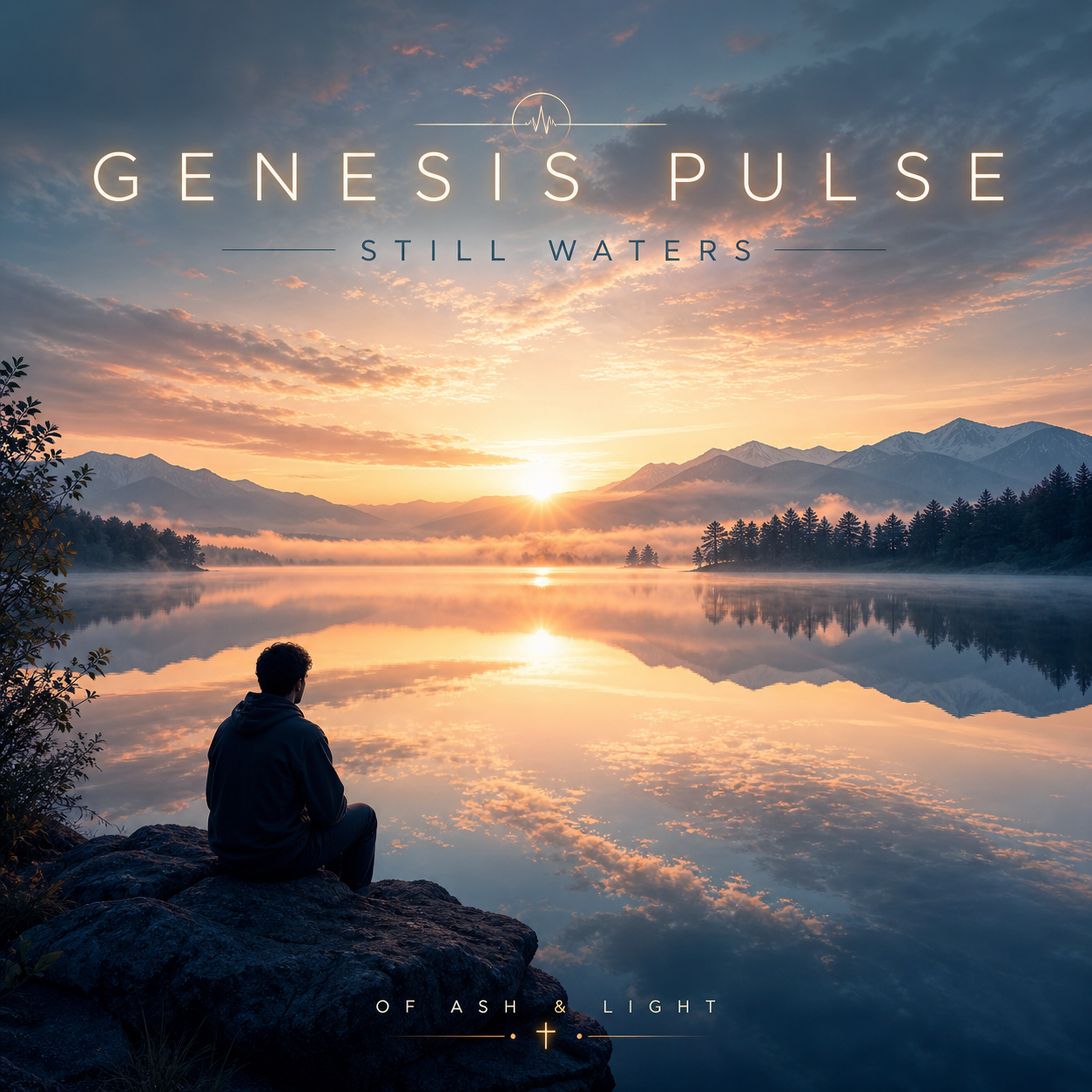 Genesis Pulse: Still Waters album cover, sunrise over a calm mountain lake with a person seated on the shore