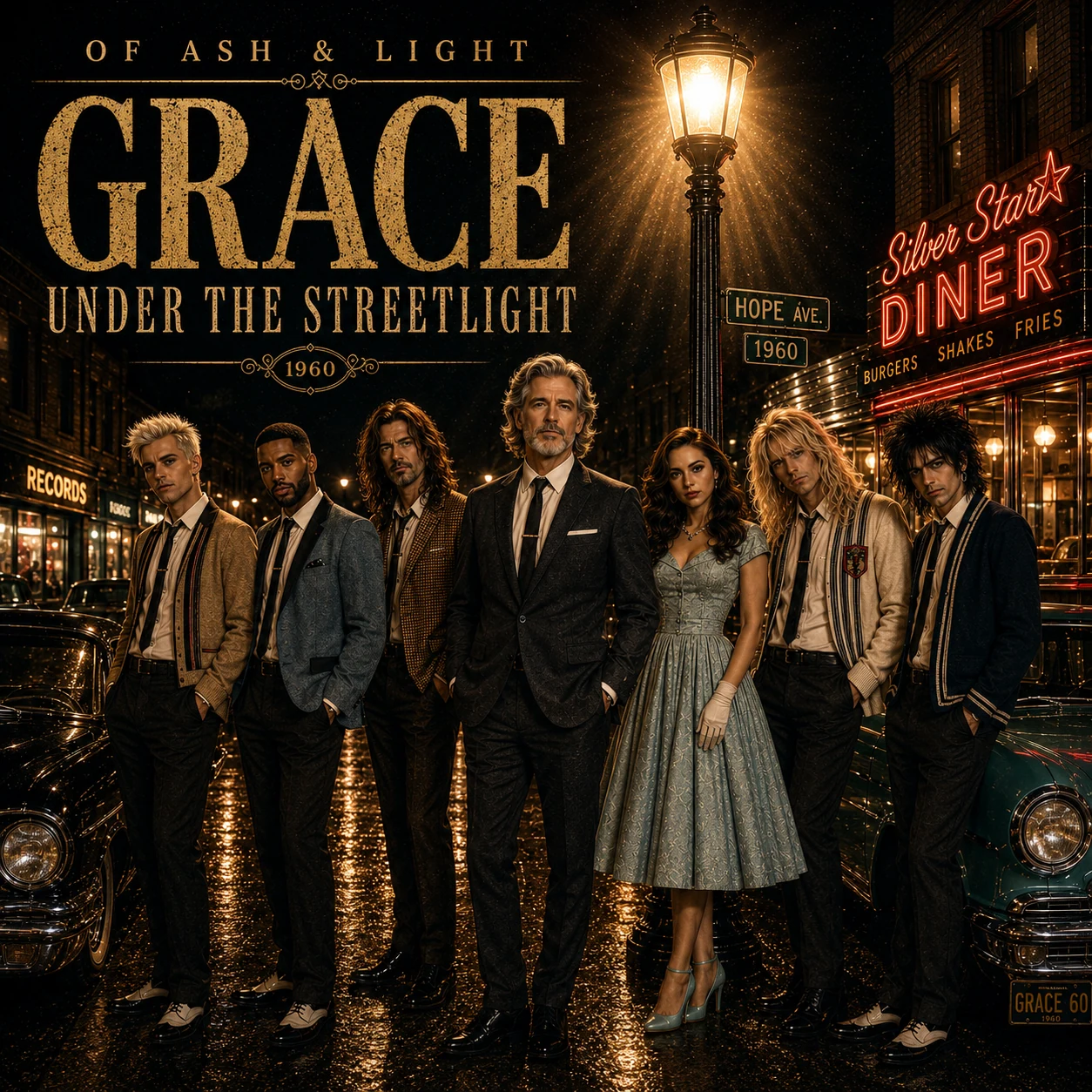 Grace Under the Streetlight album cover: Of Ash & Light beside a vintage diner beneath a golden streetlight