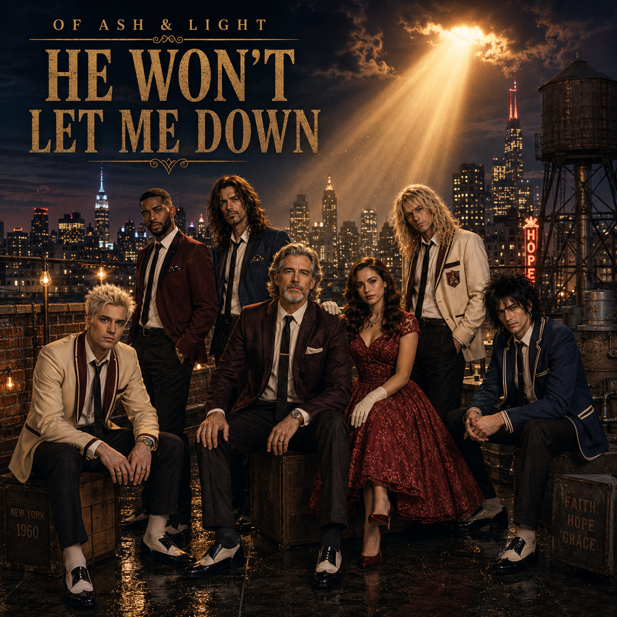 He Won’t Let Me Down album cover: Of Ash & Light in vintage formalwear on a city rooftop beneath golden light
