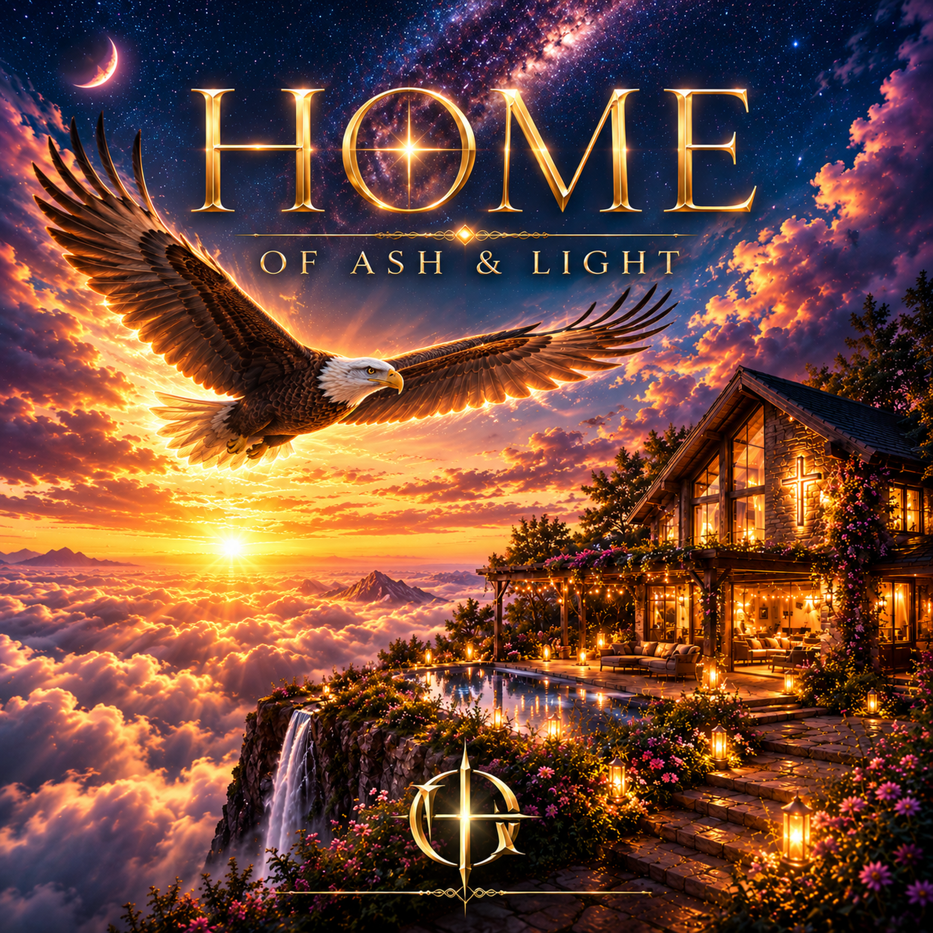 Home album cover: an eagle soaring above clouds beside a warmly lit home with a glowing cross at sunset