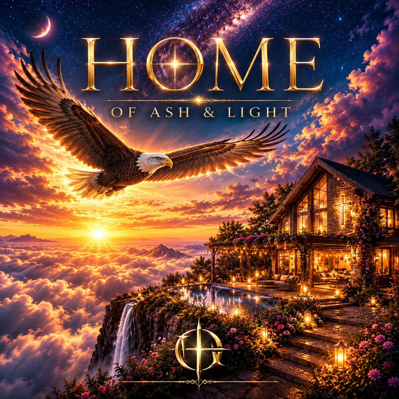 Home album cover: an eagle soaring above clouds beside a warmly lit home with a glowing cross at sunset