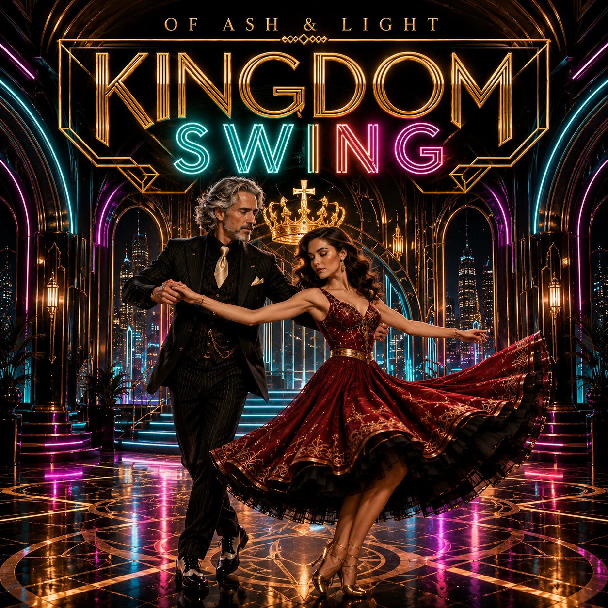 Kingdom Swing album cover: two dancers beneath neon lettering in a gold Art Deco ballroom