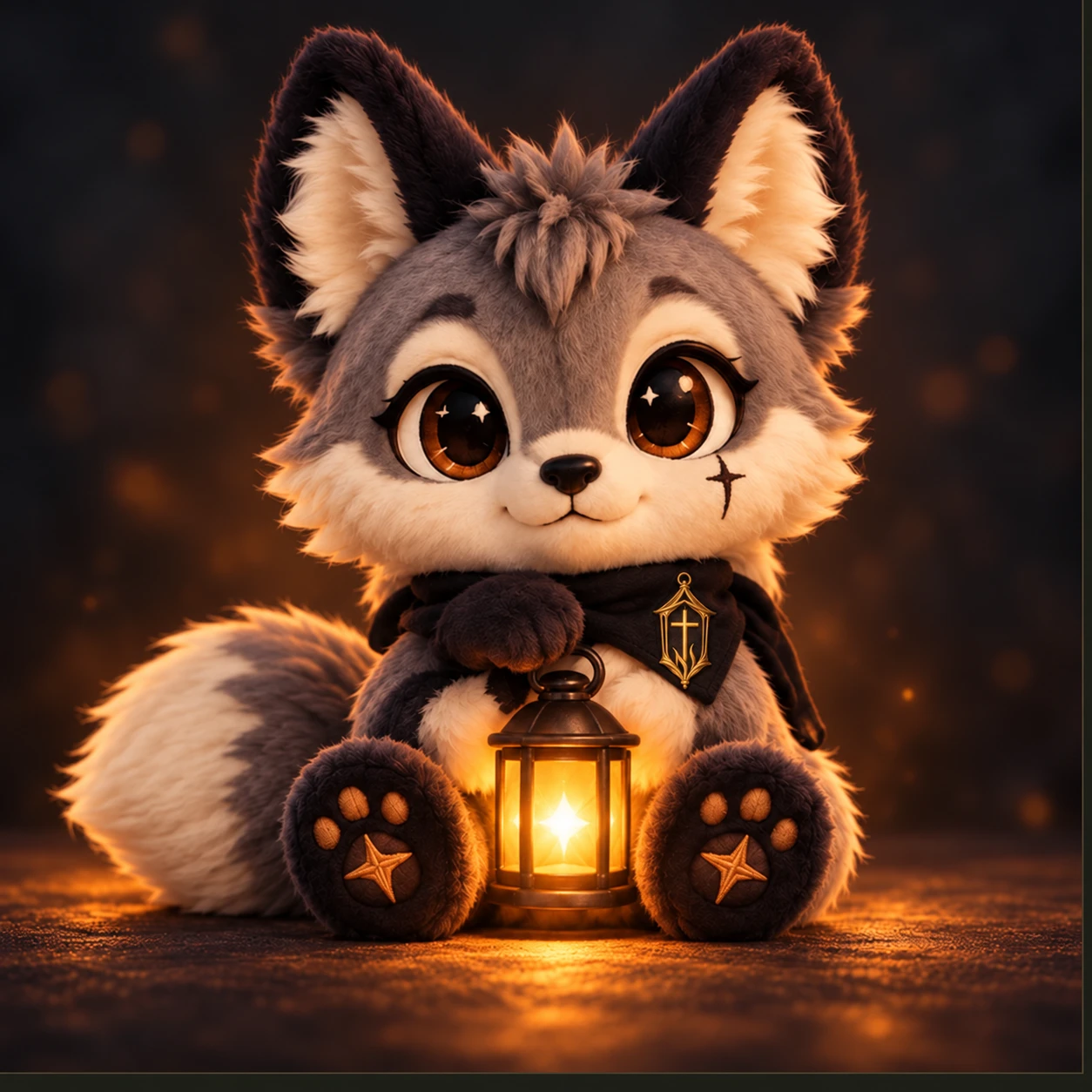 Luma, a gray-and-cream fox mascot wearing a black scarf with gold embroidery, holding a warmly glowing lantern