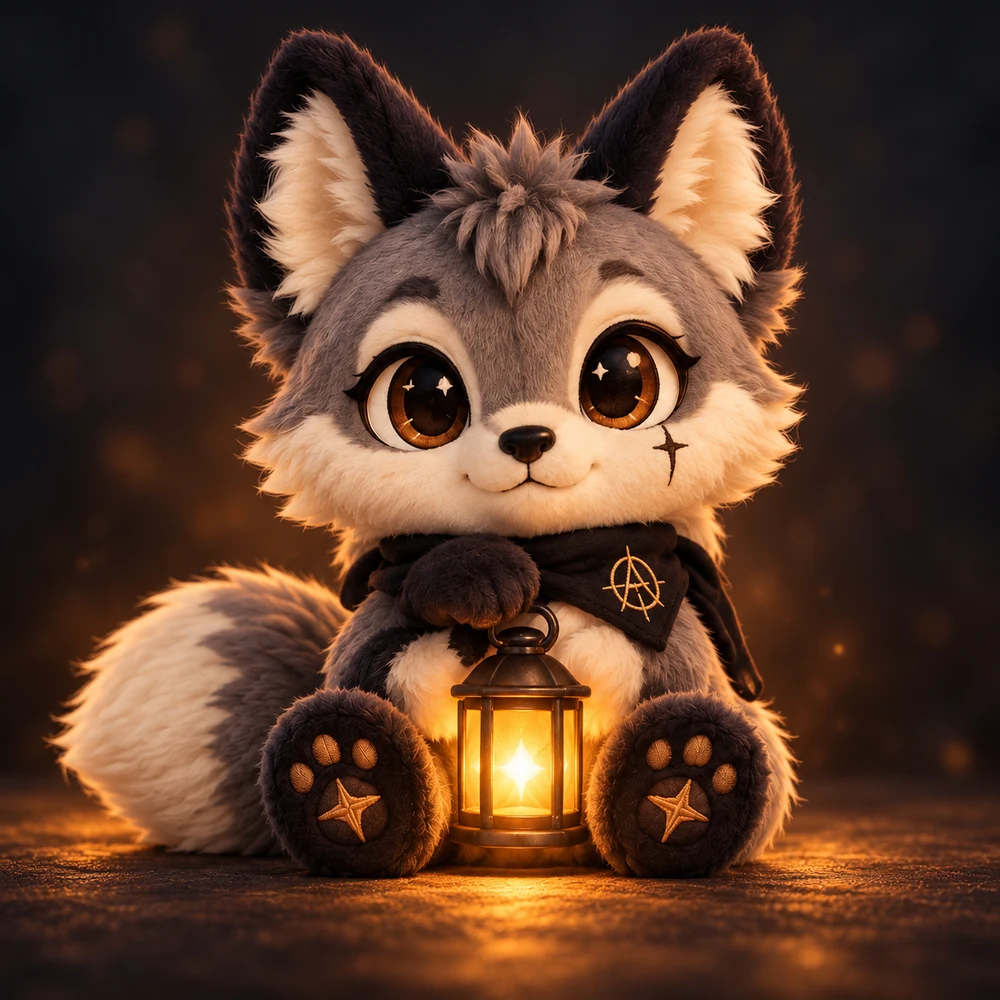 Luma, a gray-and-cream fox mascot wearing a black scarf with gold embroidery, holding a warmly glowing lantern