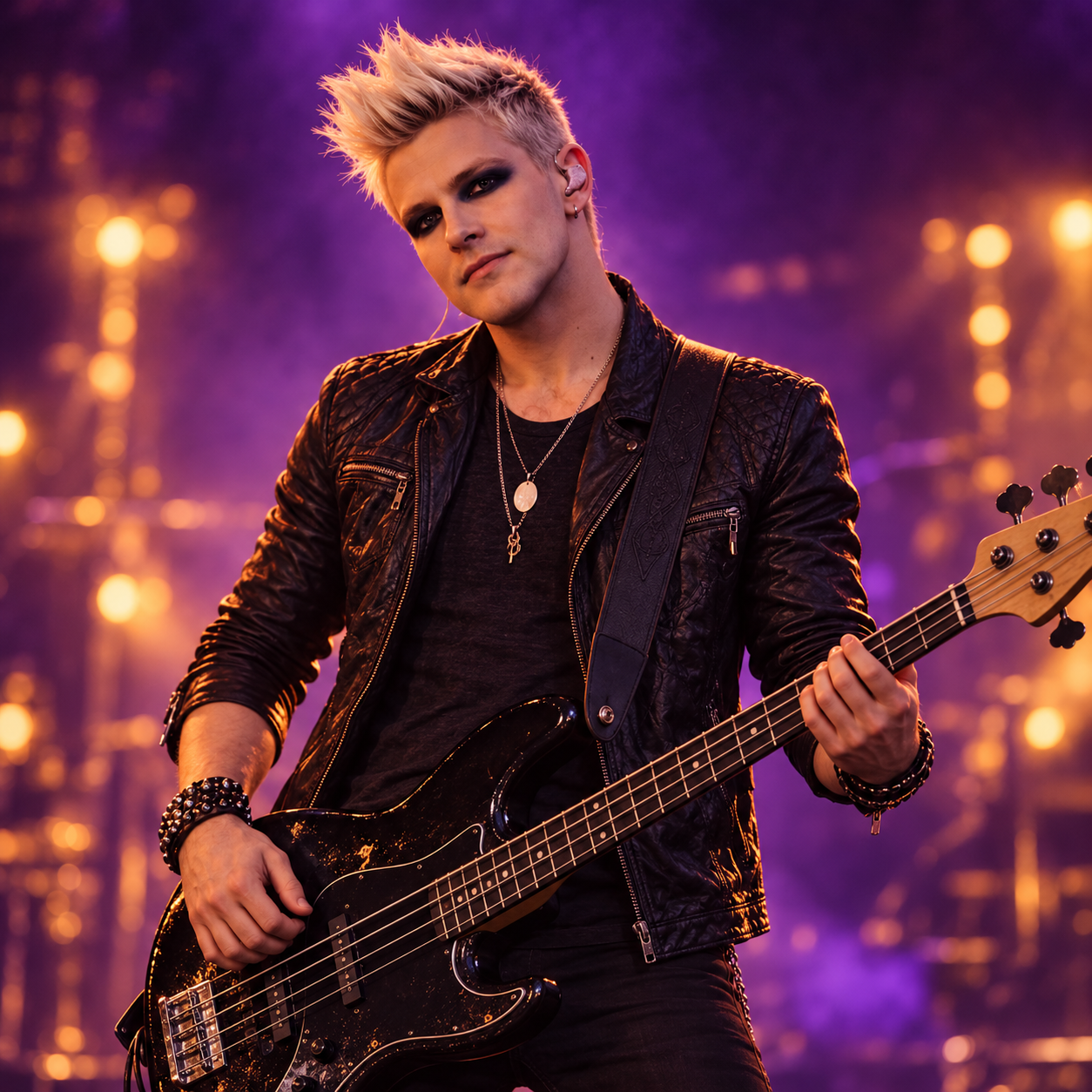 Nova Flux with spikier blond hair in a black leather jacket holding his bass on a purple-and-amber stage