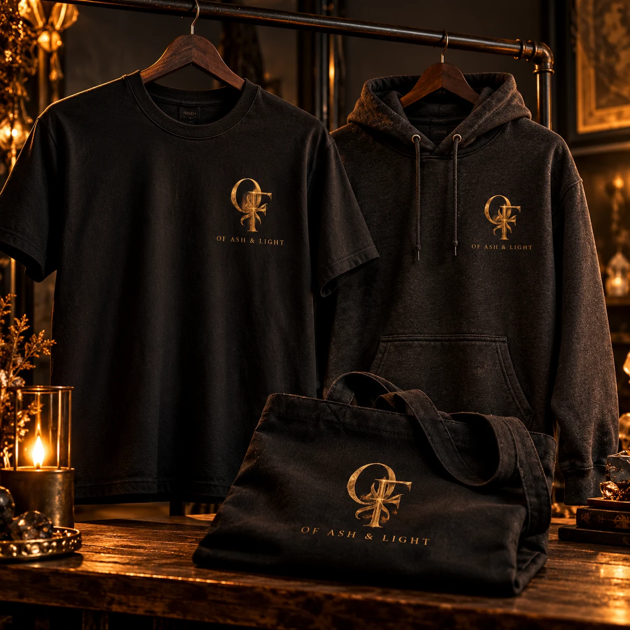 Concept merchandise display with a black Of Ash and Light T-shirt, charcoal hoodie, and black tote featuring gold band emblems