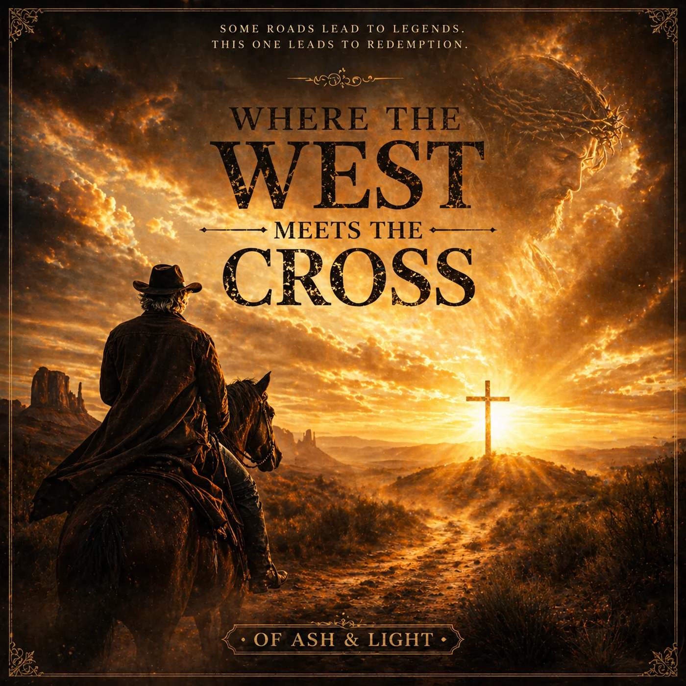 Where the West Meets the Cross: a rider travels toward a cross in golden desert light