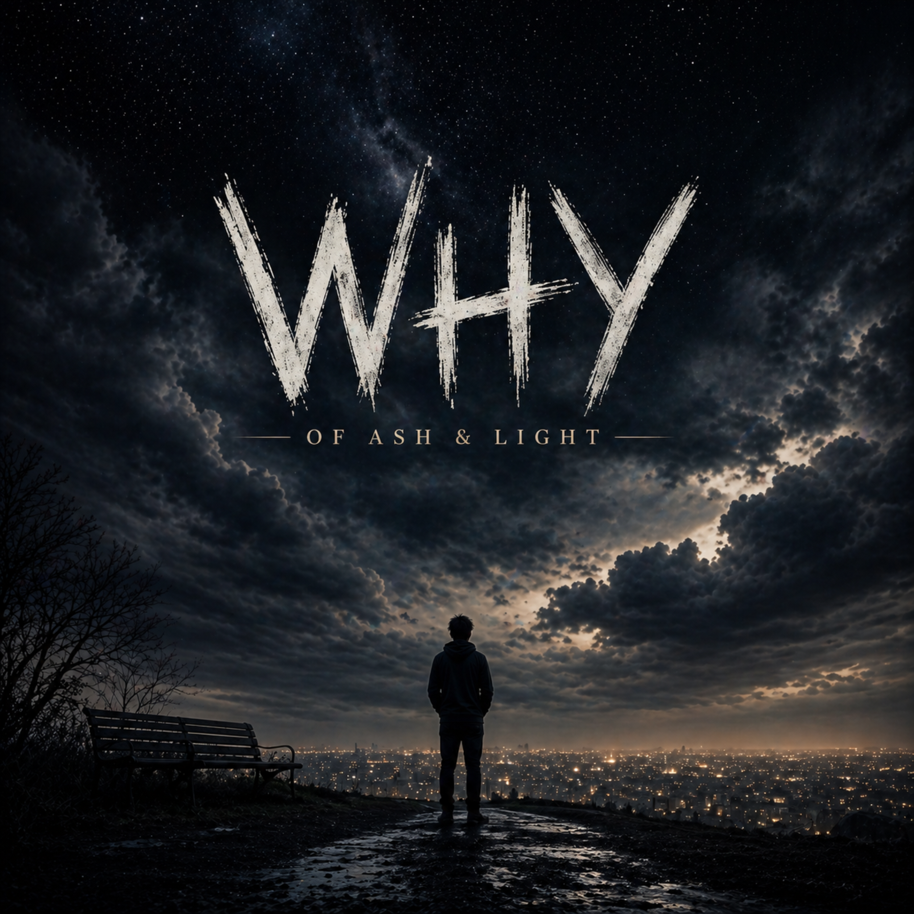WHY album cover: a lone figure beneath a vast, cloud-filled night sky overlooking city lights